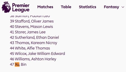 英超官网冬窗更新名单：徐彬出现在狼队U21球员阵容里